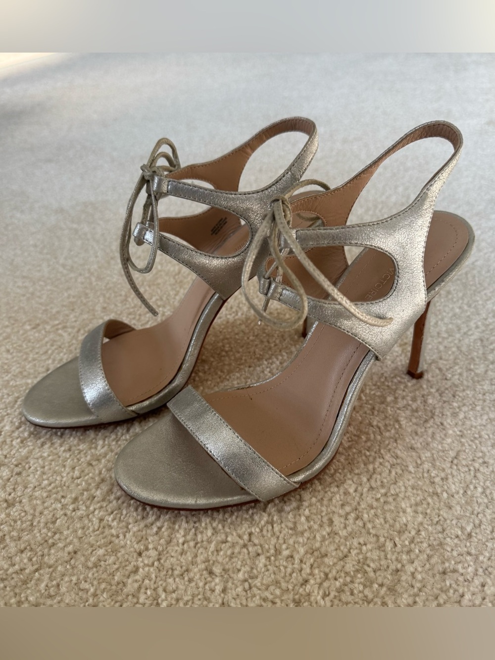 Pour La Victoire Metallic Silver Leather Lace-Up Stiletto Sandals Size 8